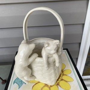 Vintage Ceramic Basket Planter Vase Handled with 2 Kittens Cats Hanging Repaired